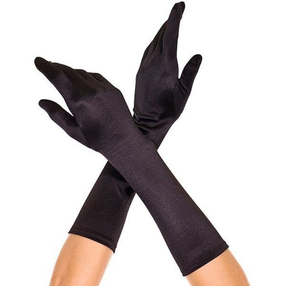 Black Satin Opera Gloves Gatsby Gloves Below Albow 15" - Picture 3 of 9